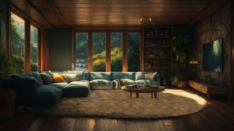 在屋里惬意的听着屋外窗外的雨声-UI素材库