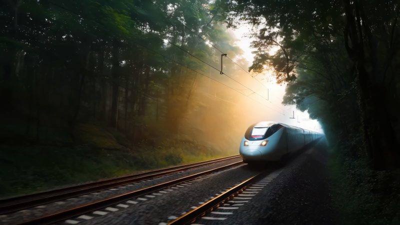 日出时分，高速列车穿过雾气弥漫的森林-UI素材库