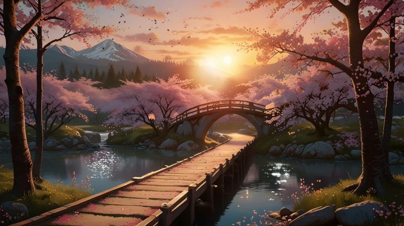 日落、樱花、横跨河流的小桥，以及远处的群山-UI素材库