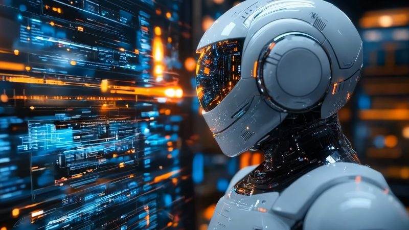 未来科技机器人站在电脑屏幕前视频素材模板下载-UI素材库