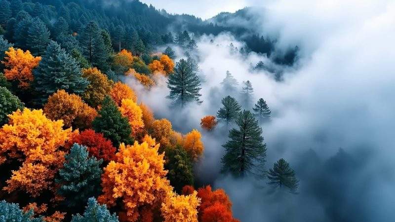 雾气弥漫的森林，里面长满了色彩斑斓的树木视频素材模板下载-UI素材库