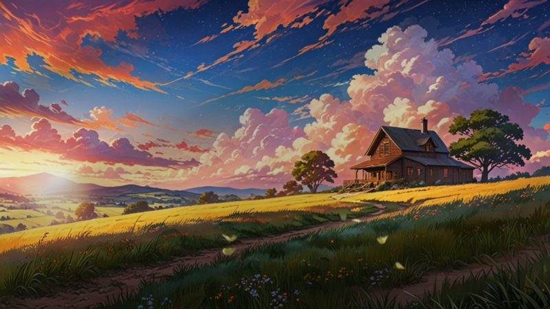 乡村小屋矗立在生机勃勃的田野之中动画-UI素材库