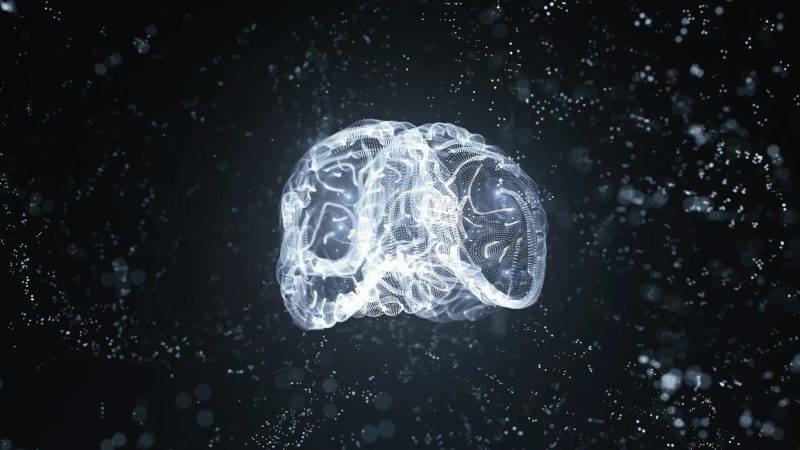 一个发光的脑部在深色虚线背景上旋转的3D动画视频素材模板下载-UI素材库