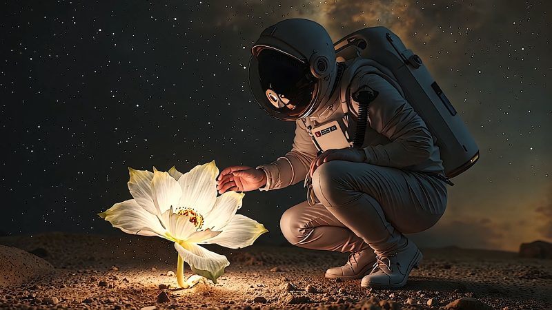 宇航员在夜空下发现外星行星上盛开的花朵-UI素材库