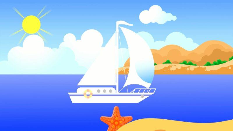 一艘白色帆船在蔚蓝的大海上航行动画-UI素材库